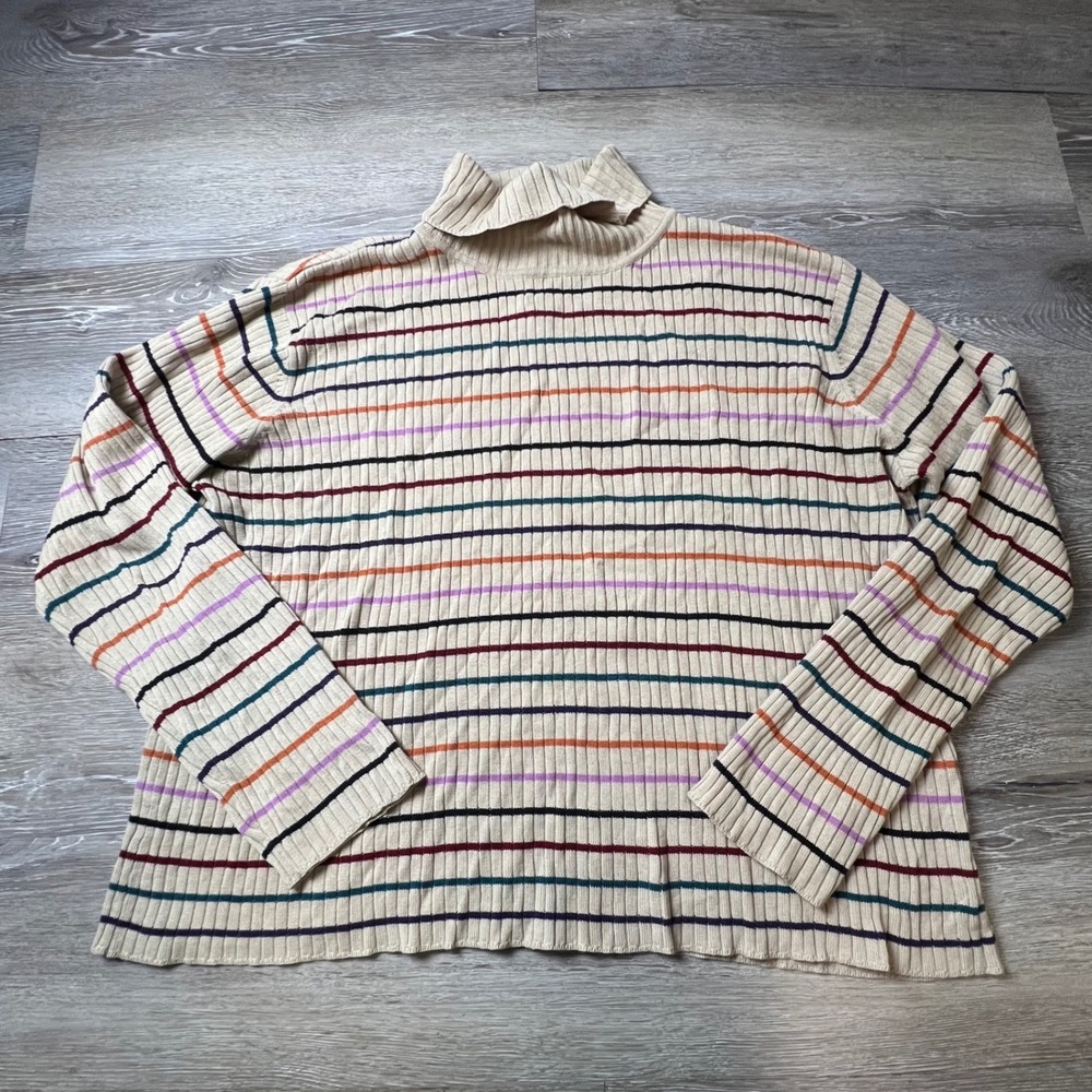 Studio Works Turtleneck Sweater Womens Large Beige Striped Ribbed Knit Retro